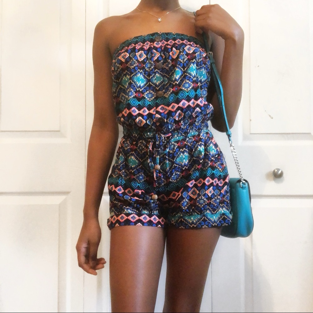 Multicolored Designed Romper with Brown Buttons